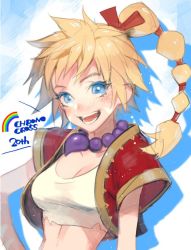 Rule 34 | 1girl, blonde hair, blue eyes, breasts, chrono cross, cleavage, copyright name, crop top, high ponytail, jewelry, kid (chrono cross), long hair, looking at viewer, multi-tied hair, necklace, open mouth, p-nekor, ponytail, smile, solo, vest