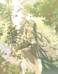 Rule 34 | 1boy, androgynous, blue eyes, bouquet, cangchen, collarbone, commentary request, cowboy shot, day, enkidu (fate), fate/grand order, fate (series), flower, head wreath, highres, holding, holding bouquet, light smile, long hair, long sleeves, looking at viewer, male focus, outdoors, parted lips, robe, solo, tree, white hair, white robe, white sleeves, wide sleeves, wind