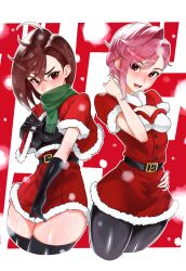 2girls ayase_momo belt black_gloves black_pantyhose black_thighhighs blush brown_hair dandadan dress fur-trimmed_dress fur_trim gloves green_neckerchief multiple_girls neckerchief pantyhose pink_hair red_eyes santa_costume santa_dress shiratori_aira_(dandadan) snowing thighhighs