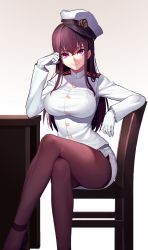 Rule 34 | 10s, 1girl, absurdres, black pantyhose, breasts, female admiral (kancolle), hat, highres, impossible clothes, kantai collection, large breasts, looking at viewer, military, military uniform, naval uniform, pantyhose, peaked cap, pencil skirt, purple eyes, purple hair, qiongsheng, sitting, skirt, slit pupils, solo, uniform
