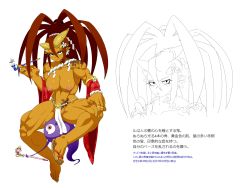 Rule 34 | 1girl, big hair, breasts, character profile, cleavage, colored skin, detached sleeves, freckles, ghost, highres, horns, jewelry, jill besson (vordandan), large breasts, loincloth, long hair, muscular, muscular female, nipples, no panties, oni, orange skin, original, smoking pipe, pointy ears, red hair, ring, rope, sagging breasts, sandals, shimenawa, shoes, single shoe, sitting, solo, tattoo, thick thighs, thighs, translation request, wide sleeves