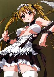 Rule 34 | 1girl, absurdres, airi (queen&#039;s blade), airi (the infernal temptress), alternate color, blonde hair, blush, bra, breasts, carrying, covered erect nipples, hair ribbon, highres, holding, holding weapon, large breasts, long hair, looking at viewer, maid, maid headdress, official art, queen&#039;s blade, red eyes, ribbon, scythe, shiny skin, shoulder carry, simple background, solo, standing, takamura kazuhiro, thighhighs, torn clothes, twintails, underboob, underwear, weapon, white bra, white thighhighs