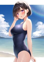 Rule 34 | 1girl, bare arms, bare shoulders, black hair, blue one-piece swimsuit, blush, braid, breasts, commentary request, covered navel, from side, hand in own hair, inoue yurina, karutamo, large breasts, looking at viewer, looking to the side, one-piece swimsuit, original, outdoors, parted lips, purple eyes, school swimsuit, short hair, solo, swimsuit, water, wet