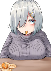Rule 34 | 1girl, absurdres, blue eyes, breast rest, breasts, breasts on table, eating, food, food in mouth, fruit, grey sweater, hair ornament, hair over one eye, hairclip, hamakaze (kancolle), highres, kantai collection, kiritto, large breasts, looking at viewer, orange (fruit), ribbed sweater, short hair, simple background, solo, sweater, white background