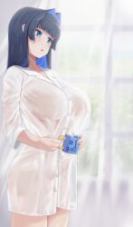 Rule 34 | 1girl, black hair, blue eyes, blunt bangs, breasts, coffee, coffee mug, collared shirt, commentary, cup, english commentary, hair intakes, highres, holding, holding cup, hololive, hololive english, huge breasts, long hair, mug, ouro kronii, reilong, see-through, see-through shirt, shirt, solo, standing, steam, virtual youtuber