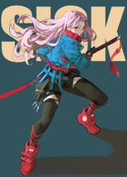 1girl absurdres arowana2111 battoujutsu_stance black_pants blue_jacket commentary cropped_jacket english_commentary fighting_stance from_above full_body gloves hair_lift highres holding holding_sword holding_weapon jacket katana long_hair original pants pink_hair pouch ready_to_draw red_footwear shoes sneakers sword tight_clothes tight_pants torn_clothes torn_pants weapon