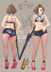 Rule 34 | .44-40, 1girl, :3, arrow (symbol), artist name, ass, asymmetrical hair, badge, bikini, bikini top only, black bikini, black neckwear, black shorts, blush, breasts, brown eyes, brown hair, bullet, carina (xiaowoo), cartridge, character name, cleavage, closed mouth, clothes writing, commentary request, contrapposto, detached collar, detached sleeves, earrings, english text, from behind, full body, grey background, gun, hair intakes, hair ornament, hairclip, hand on own hip, high heels, highres, hip focus, holding, holding gun, holding weapon, japanese text, jewelry, kishi mieko, legs, legs apart, light smile, lipstick, looking at viewer, makeup, midriff, multiple views, nail polish, navel, neck ribbon, onna shunin kishi mieko, outline, pantyhose, pantyhose under shorts, partially translated, pigeon-toed, pink lips, pink nails, police badge, red footwear, ribbon, rifle, see-through, see-through legwear, sheriff badge, shoes, short hair, short shorts, shorts, signature, simple background, single hair intake, skindentation, small breasts, smile, standing, stomach, swept bangs, swimsuit, thighs, translation request, wavy hair, weapon, winchester model 1873