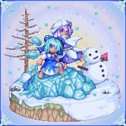 Rule 34 | 2girls, barefoot, bow, cirno, dress, faux figurine, food, fruit, hair bow, kisasage kouta, letty whiterock, lowres, multiple girls, outdoors, perfect cherry blossom, pixel art, snow, snowman, touhou, tree, watermelon
