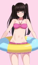 Rule 34 | 1girl, alternate hairstyle, bandeau, bare arms, bikini, bikini skirt, blunt bangs, blush, breasts, brown hair, cleavage, closed mouth, contrapposto, frown, green eyes, highres, holding, holding swim ring, igarashi kyouhei, innertube, kurosawa dia, long hair, looking at viewer, love live!, love live! sunshine!!, medium breasts, mole, mole under mouth, navel, pink background, pink bikini, simple background, solo, standing, stomach, swim ring, swimsuit, twintails