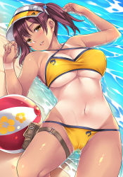 Rule 34 | 1girl, ball, bare shoulders, beach, beachball, bikini, blush, breasts, cleavage, day, hands up, large breasts, looking at viewer, lying, mizuhara yuu, navel, on back, one-piece tan, original, purple hair, short hair, sidelocks, solo, stomach, swimsuit, tan, tanline, thigh strap, twintails, two side up, visor cap, wet, yellow bikini, yellow eyes