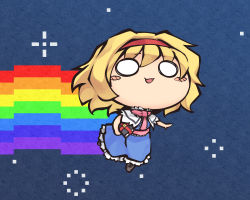 Rule 34 | 1girl, :3, alice margatroid, blonde hair, blue background, blue dress, blush stickers, book, boots, capelet, check commentary, chibi, commentary, commentary request, dress, flying, frills, full body, grimoire of alice, hair between eyes, hairband, holding, holding book, leg up, neck ribbon, nekoguruma, nyan cat, o o, open mouth, rainbow, ribbon, sash, short hair, short sleeves, solo, space, star (symbol), touhou