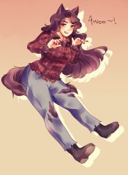 Rule 34 | &gt;:d, 1girl, :d, alternate costume, animal ears, blush, boots, breasts, brown hair, claw pose, collared shirt, curvy, denim, flannel, fur, hairy, highres, imaizumi kagerou, jeans, looking at viewer, medium breasts, open mouth, orz (kagewaka), pants, plaid, plaid shirt, red eyes, shirt, smile, solo, tail, thick eyebrows, torn clothes, torn pants, touhou, v-shaped eyebrows, wavy hair, wolf ears, wolf tail