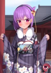 Rule 34 | 1girl, absurdres, alternate costume, alternate hairstyle, black kimono, blurry, blurry background, blush, commentary, cowboy shot, day, earrings, fingernails, floral print, flower, fur-trimmed kimono, fur trim, furisode, hair flower, hair ornament, hands up, hatsumoude, highres, japanese clothes, jewelry, kimono, kirisame oreo, komeiji satori, long fingernails, looking at viewer, nail polish, new year, one side up, outdoors, parted lips, pink eyes, pink hair, purple nails, red flower, short hair, shrine, shy, sleeves past wrists, solo, straight-on, straight hair, sweatdrop, third eye, touhou, w arms