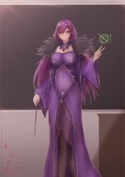 Rule 34 | 1girl, absurdres, breasts, chalkboard, classroom, cleavage cutout, clothing cutout, destiny123456, dress, fate/grand order, fate (series), feather trim, fur-trimmed dress, fur trim, hair between eyes, headpiece, highres, holding, holding wand, large breasts, looking at viewer, pantyhose, purple dress, purple hair, purple ribbon, red eyes, ribbon, scathach (fate), scathach skadi (fate), solo, teacher, tiara, wand
