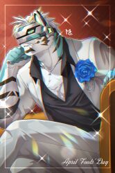 Rule 34 | 1boy, animal ears, april fools, bara, black shirt, blue flower, blue rose, claws, clenched hand, commentary request, couch, crossed legs, flower, formal, furry, furry male, head on hand, highres, live a hero, logo, male focus, mask, multicolored hair, musou luf, official alternate costume, pants, pectoral cleavage, pectorals, rexer (live a hero), rose, shirt, sitting, smile, sparkle, suit, tiger boy, tiger ears, tiger stripes, white pants, white suit