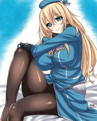 Rule 34 | 10s, 1girl, abe inori, atago (kancolle), bed, blonde hair, blue eyes, breasts, female focus, huge breasts, kantai collection, leg lift, legs, long hair, looking at viewer, military, military uniform, pantyhose, sitting, skirt, smile, solo, uniform