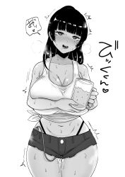Rule 34 | 1girl, absurdres, ahegao, alcohol, backlighting, bare shoulders, beer, blunt bangs, blush, breasts, breath, cleavage, collarbone, controller, cowboy shot, crop top, cup, drink, drinking glass, drooling, female focus, female orgasm, greyscale, half-closed eyes, hands up, happy, head tilt, heart, highleg, highleg panties, highres, holding, holding drink, holding drinking glass, japanese text, large breasts, long hair, looking up, micro shorts, moaning, mole, mole under eye, monochrome, nezumi nobo, nose blush, open mouth, orgasm, original, panties, ponytail, pussy juice, remote control, remote control vibrator, rolling eyes, saliva, sex toy, shirt, shorts, sidelocks, sleeveless, sleeveless shirt, smile, solo, speech bubble, spoken heart, standing, steam, steaming body, straight-on, sweat, teeth, thighs, tied shirt, tongue, translation request, trembling, underwear, vibrator, vibrator cord, vibrator under clothes, wide hips