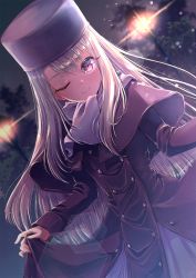 Rule 34 | 1girl, 496mm, blurry, blurry background, capelet, closed mouth, coat, coat dress, dutch angle, fate/stay night, fate (series), floating hair, fur hat, hat, highres, illyasviel von einzbern, lens flare, long hair, long sleeves, looking at viewer, night, one eye closed, papakha, purple capelet, purple coat, purple hat, red eyes, silver hair, skirt hold, smile, solo, very long hair, winter clothes, winter coat