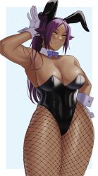 Rule 34 | 1girl, arm up, armpits, bare shoulders, bleach, blue bow, blue bowtie, blush, bow, bowtie, breasts, cleavage, dark-skinned female, dark skin, detached collar, fishnet pantyhose, fishnets, grin, gud0c, hair ornament, highres, large breasts, leotard, long hair, looking at viewer, muscular, muscular female, pantyhose, playboy bunny, ponytail, purple hair, rabbit hair ornament, shihouin yoruichi, signature, simple background, skindentation, smile, solo, standing, teeth, thick thighs, thighs, wrist cuffs, yellow eyes