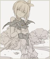 Rule 34 | 10s, 1girl, animal, animal hug, ankle boots, boots, choker, dragon, edna (tales), eizen (dragon) (tales), eizen (tales), gloves, leg ribbon, monochrome, ribbon, short hair, side ponytail, sitting, sketch, sleeveless, smile, solo, spot color, tales of (series), tales of zestiria, tusia