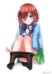 Rule 34 | 1girl, absurdres, blue cardigan, blue eyes, blush, brown hair, brown pantyhose, cardigan, closed mouth, clothes pull, collared shirt, commentary request, dress shirt, feet, go-toubun no hanayome, green skirt, hair between eyes, head tilt, headphones, headphones around neck, highres, honorikiti, long hair, nakano miku, no shoes, pantyhose, pantyhose pull, pleated skirt, pulling own clothes, shadow, shirt, signature, sitting, skirt, soles, solo, toes, undressing, white background, white shirt