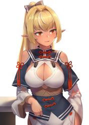 Rule 34 | 1girl, absurdres, bare shoulders, black bow, blonde hair, blush, bow, breasts, cleavage, cleavage cutout, clothing cutout, dark-skinned female, dark skin, elf, hair bow, hair intakes, hair ribbon, highres, hololive, large breasts, long hair, long sleeves, mr.lime, multicolored hair, open mouth, orange eyes, pointy ears, ponytail, ribbon, shiranui flare, shiranui flare (old design), simple background, smile, solo, standing, streaked hair, tassel, virtual youtuber, white background