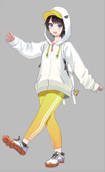 Rule 34 | 1girl, 808, bad id, bad pixiv id, black hair, blue eyes, blush, commentary, cross-laced footwear, duck hood, full body, grey background, highres, hololive, hood, hood up, hoodie, long sleeves, looking at viewer, oozora subaru, open mouth, outstretched arm, pants, parted bangs, shoes, short hair, simple background, sleeves past wrists, smile, sneakers, solo, striped clothes, striped pants, tight clothes, tight pants, vertical-striped clothes, vertical-striped pants, virtual youtuber, walking, white footwear, white hoodie, yellow pants