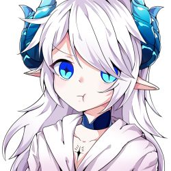 Rule 34 | + +, 1girl, 584440827, :t, bad id, bad pixiv id, blue eyes, collarbone, demon girl, elsword, hair over one eye, horns, long hair, looking at viewer, lu, luciela r. sourcream, pointy ears, pout, robe, simple background, solo, white background, white hair, white robe