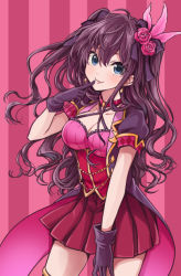 Rule 34 | 1girl, black gloves, blue eyes, breasts, brown hair, cleavage, collarbone, cowboy shot, feather hair ornament, feathers, finger to mouth, floating hair, flower, gloves, hair between eyes, feather hair ornament, hair flower, hair ornament, halterneck, ichinose shiki, idolmaster, idolmaster cinderella girls, index finger raised, long hair, looking at viewer, medium breasts, miniskirt, momomochi, pink feathers, pleated skirt, red background, red flower, red rose, red skirt, rose, short sleeves, skirt, smile, solo, standing, striped, striped background, thigh strap, very long hair