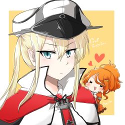 Rule 34 | 10s, 2girls, aquila (kancolle), blonde hair, blue eyes, blush, character name, chibi, closed eyes, clothes grab, cross, graf zeppelin (kancolle), hair between eyes, hair ornament, hairclip, hat, heart, high ponytail, highres, iron cross, kantai collection, looking at viewer, military hat, mini person, minigirl, multiple girls, open mouth, orange hair, peaked cap, rebecca (keinelove), sidelocks, twintails