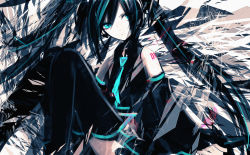 Rule 34 | 1girl, aqua eyes, aqua hair, aqua necktie, bare shoulders, black skirt, black sleeves, commentary, detached sleeves, english commentary, expressionless, hatsune miku, headphones, highres, knees together feet apart, knees up, long hair, looking to the side, necktie, shirt, shoulder tattoo, sitting, skirt, sleeveless, sleeveless shirt, solo, tattoo, thighhighs, twintails, unf (unotfound 404), very long hair, vocaloid