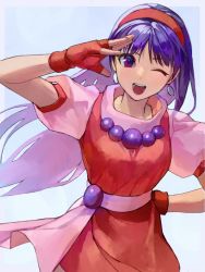 Rule 34 | 1girl, asamiya athena, earrings, fingerless gloves, gloves, hair ornament, hairband, highres, jewelry, long hair, looking at viewer, one eye closed, oni gini, psycho soldier, purple eyes, purple hair, red hairband, smile, snk, solo, star (symbol), star hair ornament, the king of fighters