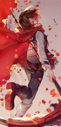 Rule 34 | 1girl, bad id, bad pixiv id, boots, cape, pantyhose, petals, red cape, red eyes, red hair, rose petals, ruby rose, rwby, scythe, short hair, solo, weapon, yuukaku