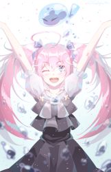 Rule 34 | !, 1girl, ;d, ahoge, arms up, black dress, blue eyes, bow, dress, fang, floating hair, grey bow, hair bow, jewelry, long hair, looking at viewer, looking up, milim nava, necklace, one eye closed, open mouth, outstretched arms, pink hair, resolution mismatch, rimuru tempest, short sleeves, smile, source larger, standing, sylvarin, tensei shitara slime datta ken, twitter username, very long hair, white background