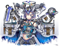 Rule 34 | 1girl, blue eyes, detached sleeves, earrings, extra arms, gia, hair between eyes, halo, highres, jewelry, looking at viewer, mecha musume, mechanical arms, mechanical halo, midriff, navel, original, purple hair, science fiction, short hair, single mechanical arm, skull, solo, tattoo, upper body