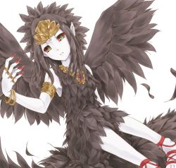 Rule 34 | 1girl, armband, armlet, bad id, bad pixiv id, black hair, black wings, bracelet, colored sclera, dodomeiro, dress, duel monster, emblem, fabled grimro, feathers, green eyes, head tilt, high heels, jewelry, looking at viewer, multicolored eyes, necklace, pointy ears, red sclera, ring, shoes, simple background, sitting, solo, tiara, white background, wings, yu-gi-oh!