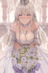 Rule 34 | 1girl, azur lane, bare shoulders, blush, bouquet, breasts, bridal veil, bride, cleavage, closed mouth, collarbone, crown, crying, crying with eyes open, detached collar, dress, enterprise (azur lane), enterprise (starlight oath) (azur lane), flower, hair between eyes, hews, highres, jewelry, large breasts, long hair, looking at viewer, necklace, purple eyes, sidelocks, silver hair, smile, solo, tears, veil, wedding dress, white dress