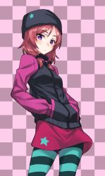 Rule 34 | 10s, 1girl, beanie, blush, checkered background, colored stripes, hands in pockets, hat, highres, jacket, looking at viewer, love live!, love live! school idol festival, love live! school idol project, matsuryuu, nishikino maki, pantyhose, purple eyes, red hair, short hair, skirt, solo, striped clothes, striped pantyhose, track jacket