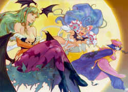 Rule 34 | 3girls, animal ears, animal hands, bare shoulders, bat (animal), bat wings, blue eyes, breasts, bridal gauntlets, capcom, cat, cat ears, cat girl, cat tail, china dress, chinese clothes, claws, cleavage, demon girl, dress, felicia (vampire), green eyes, green hair, head wings, high heels, highres, large breasts, lei lei, long hair, md5 mismatch, moonlight, morrigan aensland, multiple girls, pantyhose, resolution mismatch, source smaller, tail, tamio, vampire (game), wings