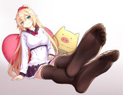 Rule 34 | 1girl, akai haato, akai haato (casual), alternate hairstyle, aqua eyes, arm support, blonde hair, bow, bowtie, breasts, brown thighhighs, collarbone, commentary request, dress, drogoth, feet, foot focus, foreshortening, full body, gradient background, grey background, haaton (akai haato), head tilt, heart, heart-shaped pillow, highres, hololive, impossible clothes, impossible dress, large breasts, leaning back, legs, long hair, long sleeves, looking at viewer, no shoes, official alternate costume, pillow, pleated dress, red bow, red bowtie, shadow, shiny clothes, sidelocks, sitting, smile, soles, solo, stuffed animal, stuffed toy, thighhighs, thighs, toes, translation request, virtual youtuber, white dress, zettai ryouiki