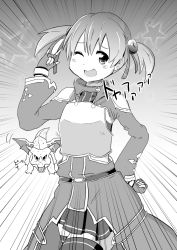 Rule 34 | 10s, 1girl, armor, breastplate, dragon, esupe, fingerless gloves, gloves, greyscale, highres, monochrome, one eye closed, short hair, short twintails, silica, solo, sword art online, thighhighs, twintails, wink