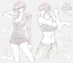 Rule 34 | 1girl, black jacket, black shorts, brown eyes, brown hair, d (3i135), highres, jacket, korean text, limbus company, long sleeves, multiple views, outis (project moon), project moon, scar, short hair, shorts, sports bra, stretching, sunglasses, translation request, whistle