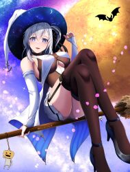 Rule 34 | alternate costume, black footwear, black leotard, black thighhighs, breasts, broom, detached sleeves, dress, full body, full moon, garter straps, grey eyes, hachiware (8ware63), halloween costume, high heels, highres, kantai collection, leotard, long hair, looking at viewer, medium breasts, moon, one side up, pleated dress, riding, skirt, suzutsuki (kancolle), thighhighs, underboob, white hair, white headwear, white skirt, witch