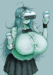 Rule 34 | 1girl, 2b-ge, ahoge, black skirt, breasts, female focus, green theme, grey background, head-mounted display, highres, holding, huge breasts, limited palette, long hair, mei (2b-ge), messy hair, miniskirt, open mouth, original, playstation vr, school uniform, skirt, solo, standing, triangle mouth