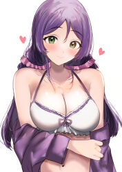 Rule 34 | 1girl, absurdres, bare shoulders, bikini, breasts, closed mouth, collarbone, commentary request, double-parted bangs, green eyes, hair ornament, hair scrunchie, heart, highres, jacket, large breasts, long hair, looking at viewer, love live!, love live! school idol project, low twintails, off shoulder, purple hair, purple jacket, scrunchie, smile, solo, sunya (honorin-yuunibo), swimsuit, tojo nozomi, twintails, upper body, white background, white bikini