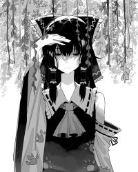 Rule 34 | 1girl, ai-chan (pixiv29351299), ascot, bow, closed mouth, collared vest, detached sleeves, expressionless, frilled bow, frilled hair tubes, frills, greyscale, hair bow, hair tubes, hakurei reimu, long sleeves, looking at viewer, monochrome, paw print, plant, ribbon-trimmed sleeves, ribbon trim, short hair, sidelocks, solo, touhou, upper body, vest, vines, wide sleeves, wily beast and weakest creature