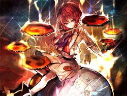 Rule 34 | 1girl, belt, cis (carcharias), drum, drum set, drumsticks, floral print, horikawa raiko, instrument, jacket, looking at viewer, mitsudomoe (shape), necktie, open clothes, open jacket, plaid, red eyes, red hair, short hair, sitting, sitting on object, skirt, smile, smirk, solo, tomoe (symbol), touhou