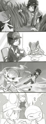 Rule 34 | 1boy, 1girl, 4koma, ^ ^, calem (pokemon), closed eyes, comic, creature, creatures (company), cup, drinking, facing another, facing viewer, game freak, gardevoir, gen 3 pokemon, grass, green theme, greyscale, hat, heart, highres, holding, holding cup, kirlia, looking at another, mars symbol, mega gardevoir, mega pokemon, monochrome, nintendo, pokemon, pokemon (creature), pokemon xy, ralts, serena (pokemon), shiro q~, standing, teacup