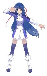 Rule 34 | 1girl, asasow, bad id, bad pixiv id, blue eyes, blue hair, boots, cosplay, galaxy angel, karasuma chitose, long hair, looking at viewer, matching hair/eyes, ribbon, scryed, scryed (cosplay), simple background, solo, thighhighs, very long hair, white background, zettai ryouiki