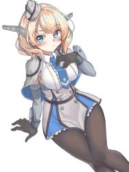 Rule 34 | 1girl, black gloves, black pantyhose, blonde hair, blouse, blue eyes, blue necktie, braid, breasts, capelet, colorado (kancolle), cowboy shot, dress, elbow gloves, garrison cap, gloves, grey dress, grey hat, hand on own chest, hat, headgear, invisible chair, kantai collection, large breasts, looking at viewer, necktie, pantyhose, pleated dress, shirt, short hair, side braids, sideboob, simple background, sitting, sleeveless, solo, tiasis, twin braids, white background, white shirt